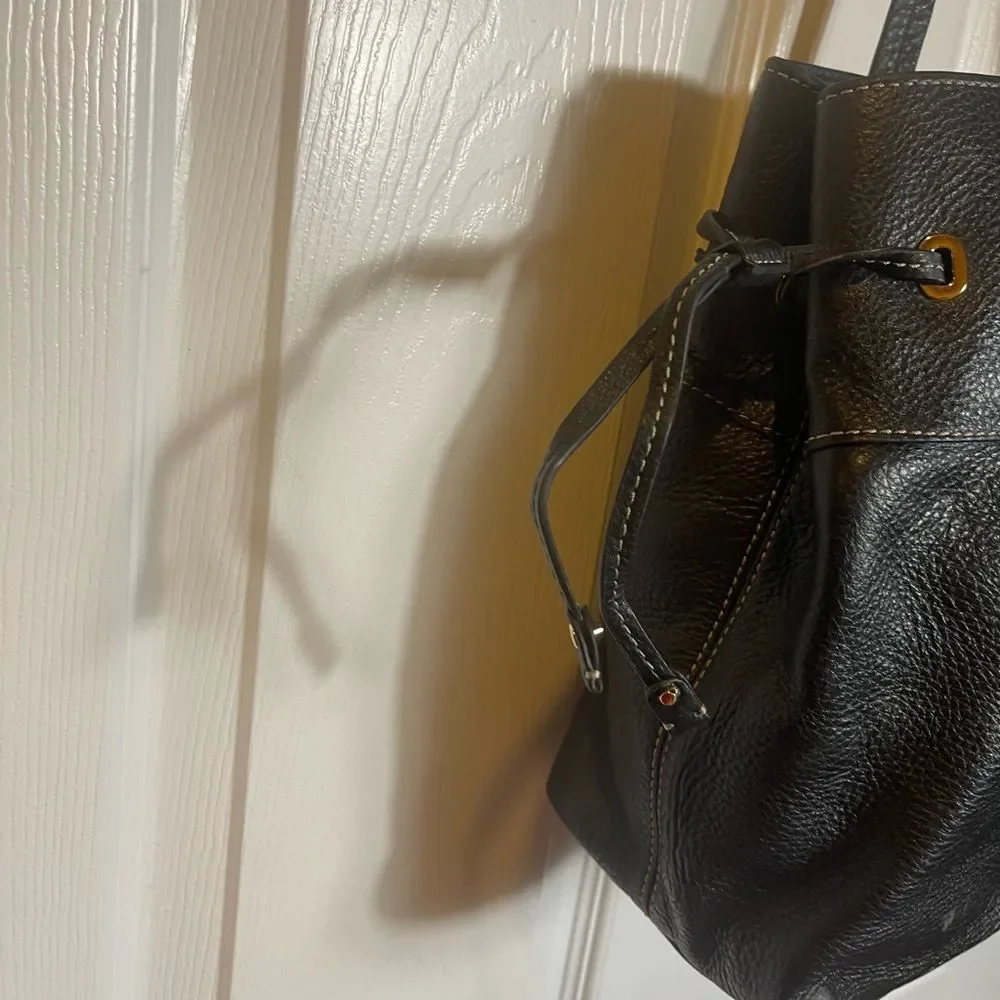 Michael Kors Black Leather Shoulder Bag with side drawstring gold tone hardwares